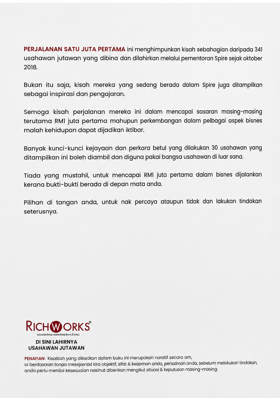 Kulit belakang buku Perjalanan Satu Juta Pertama